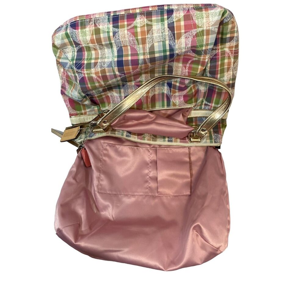 COACH Tote Shoulder Bag Poppy Multi Madras Signature Pastel Plaid Sequins - Picture 5 of 14